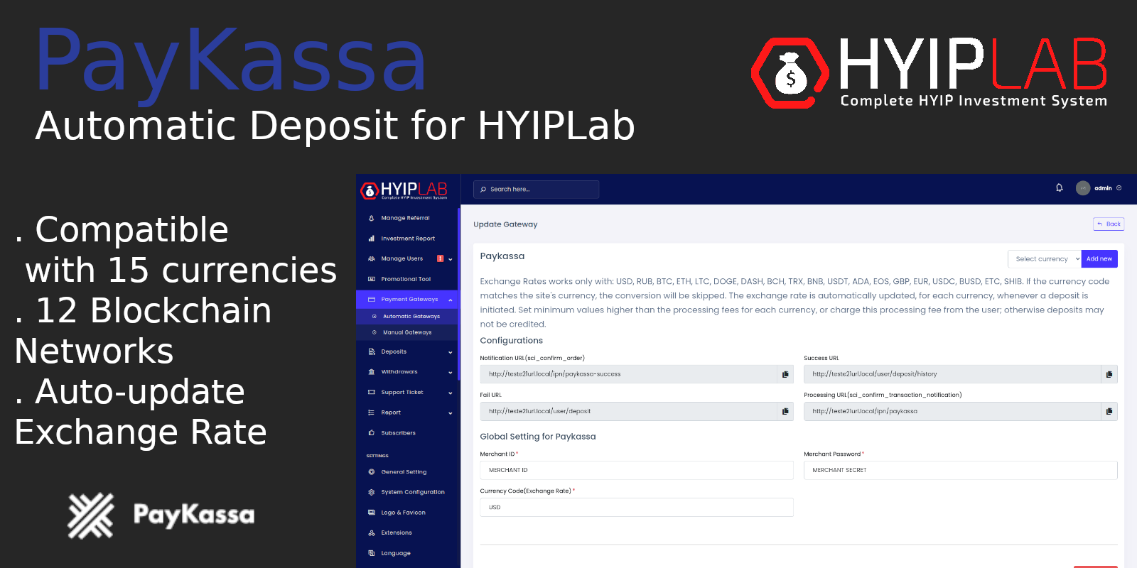 PayKassa Automatic Deposit Gateway for HYIPLab - Preview
